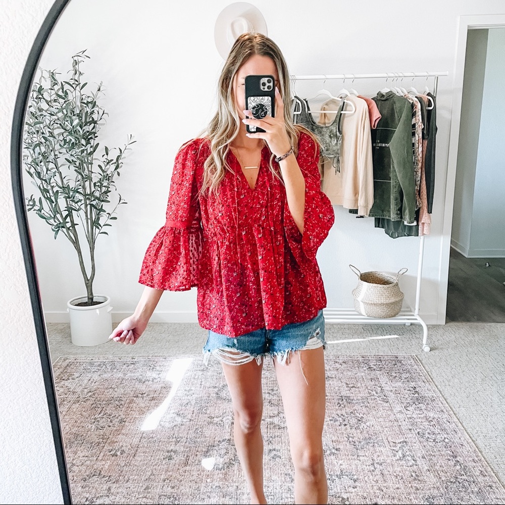 LUCKY BRAND Red Floral Chiffon BOHO Top - Picture 2 of 12
